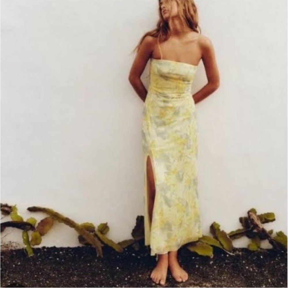 ZARA Strapless Yellow Floral Printed Tulle Midi/Maxi Dress